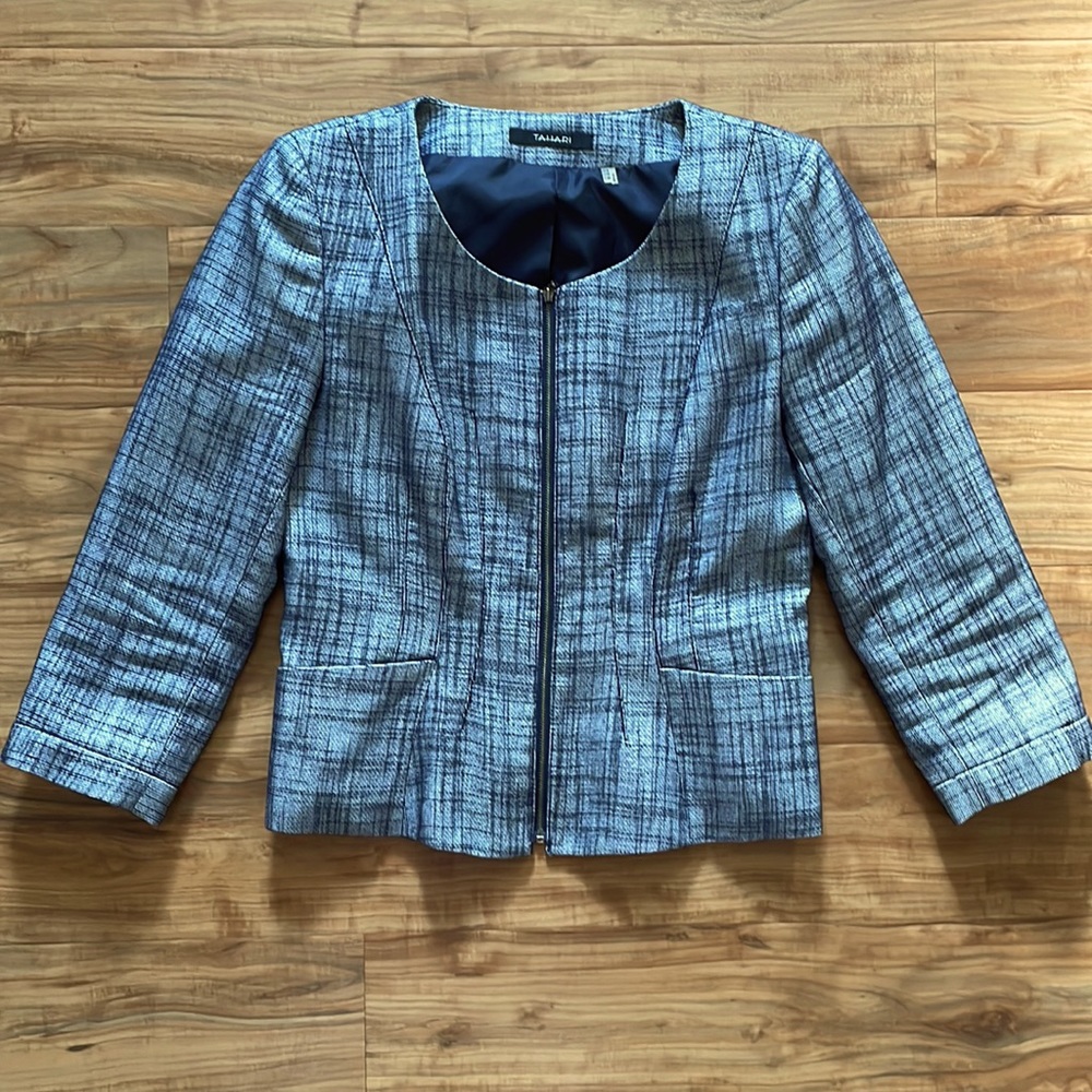 Tahari blue, zip-up blazer